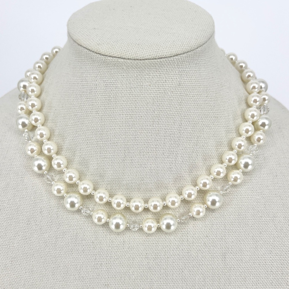 Glass Pearl Statement Necklace Women OS Cream Double Strand Bridal Formal